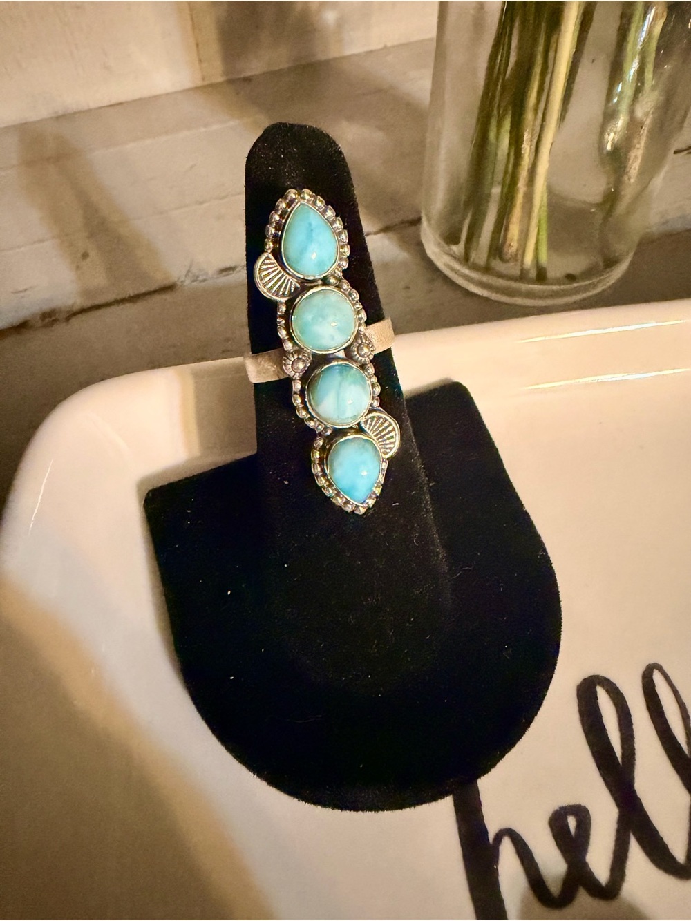 Larimar Turquoise Four Stone 925 Sterling Silver Adjustable Ring - Women Jewelry - Picture 4 of 8